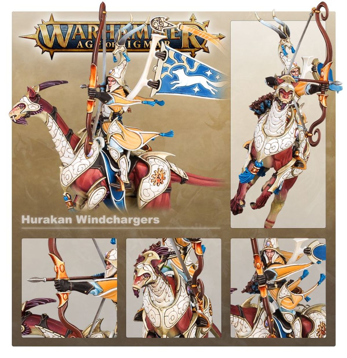 Hurakan Windchargers - kolaż detali: Standard Bearer z niebieskim sztandarem, łucznik strzelający, głowa treerunner - Warhammer Age of Sigmar