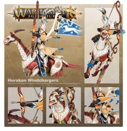 Hurakan Windchargers - kolaż detali: Standard Bearer z niebieskim sztandarem, łucznik strzelający, głowa treerunner - Warhammer Age of Sigmar