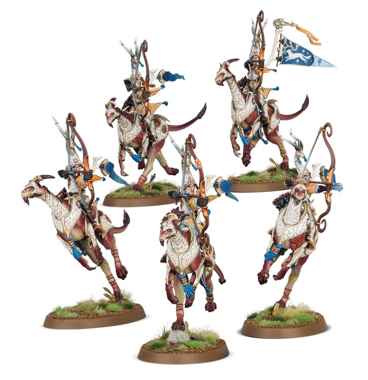 Hurakan Windchargers Lumineth Realm-lords - 5 modeli łuczników na treerunners z niebieskimi proporczykami - Warhammer Age of Sigmar