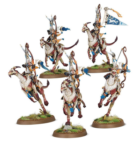 Hurakan Windchargers Lumineth Realm-lords - 5 modeli łuczników na treerunners z niebieskimi proporczykami - Warhammer Age of Sigmar