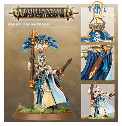 Vanari Bannerblade - kolaż detali Warhammer Age of Sigmar: główne zdjęcie postaci z logo Warhammer Age of Sigmar (górny lewy), detal złotego zwieńczenia drzewca z niebieskimi frędzlami i runą (górny prawy), detal kremowo-złotej zbroi łuskowej z niebieskim płaszczem i brązową pochwą miecza (środkowy prawy), detal twarzy elfickiego wojownika bez hełmu z długimi jasnymi włosami (dolny prawy)