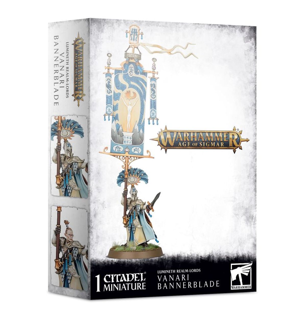 Lumineth Realm-lords Vanari Bannerblade - pudełko zestawu 1 miniatury Warhammer Age of Sigmar z elfickim wojownikiem w kremowo-złotej zbroi trzymającym wysoki niebiesko-złoty sztandar z wizerunkiem świetlistej postaci na białym tle, czarny pasek z napisem 1 Citadel Miniature Lumineth Realm-lords Vanari Bannerblade i logo Warhammer
