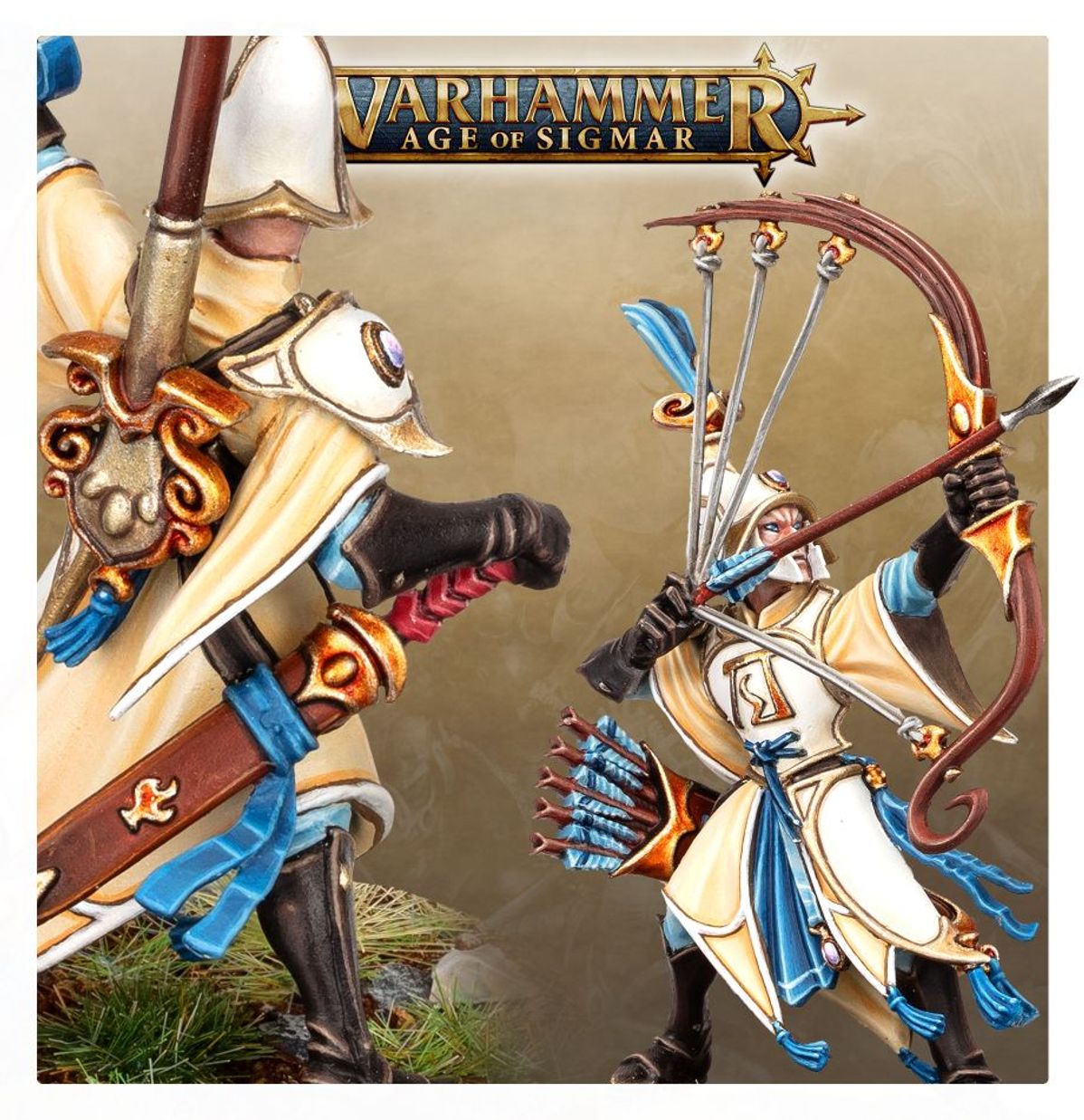 Vanari Auralan Sentinels - detal: kołczan z czerwonymi strzałami i łuczniczka strzelająca z napiętym łukiem - Warhammer Age of Sigmar