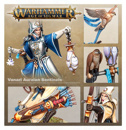 Vanari Auralan Sentinels - kolaż: High Sentinel z latarnią i sokołem, detal sokoła, kołczan, twarz łuczniczki - Warhammer Age of Sigmar