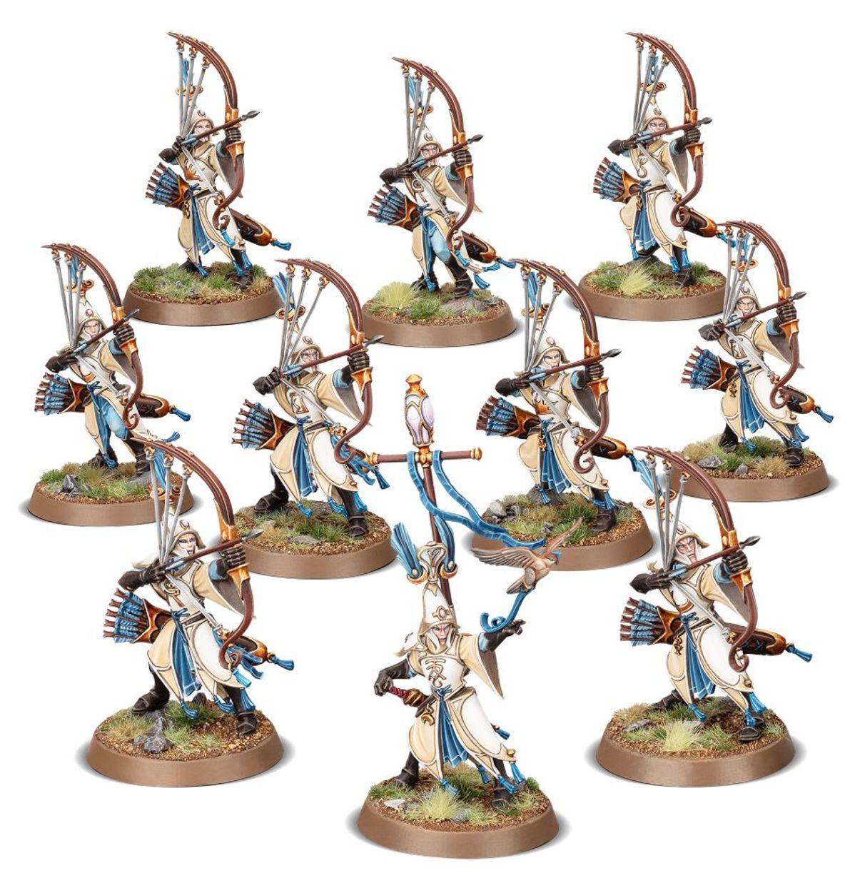 Vanari Auralan Sentinels - 10 modeli elfich łuczników w białych szatach z niebieskimi akcentami i złożonymi łukami - Warhammer Age of Sigmar