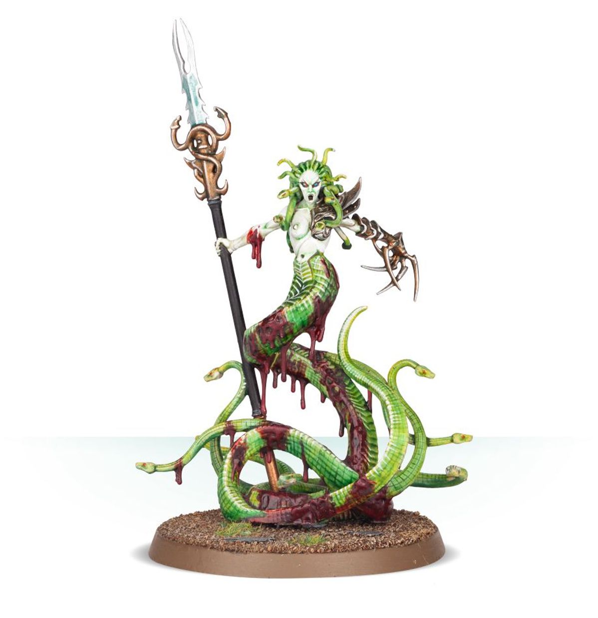 Bloodwrack Medusa Daughters of Khaine - zielona skóra wężowy ogon biała twarz włócznia z brązową rękojeścią szary kuszet w prawej ręce owalna podstawka Age of Sigmar