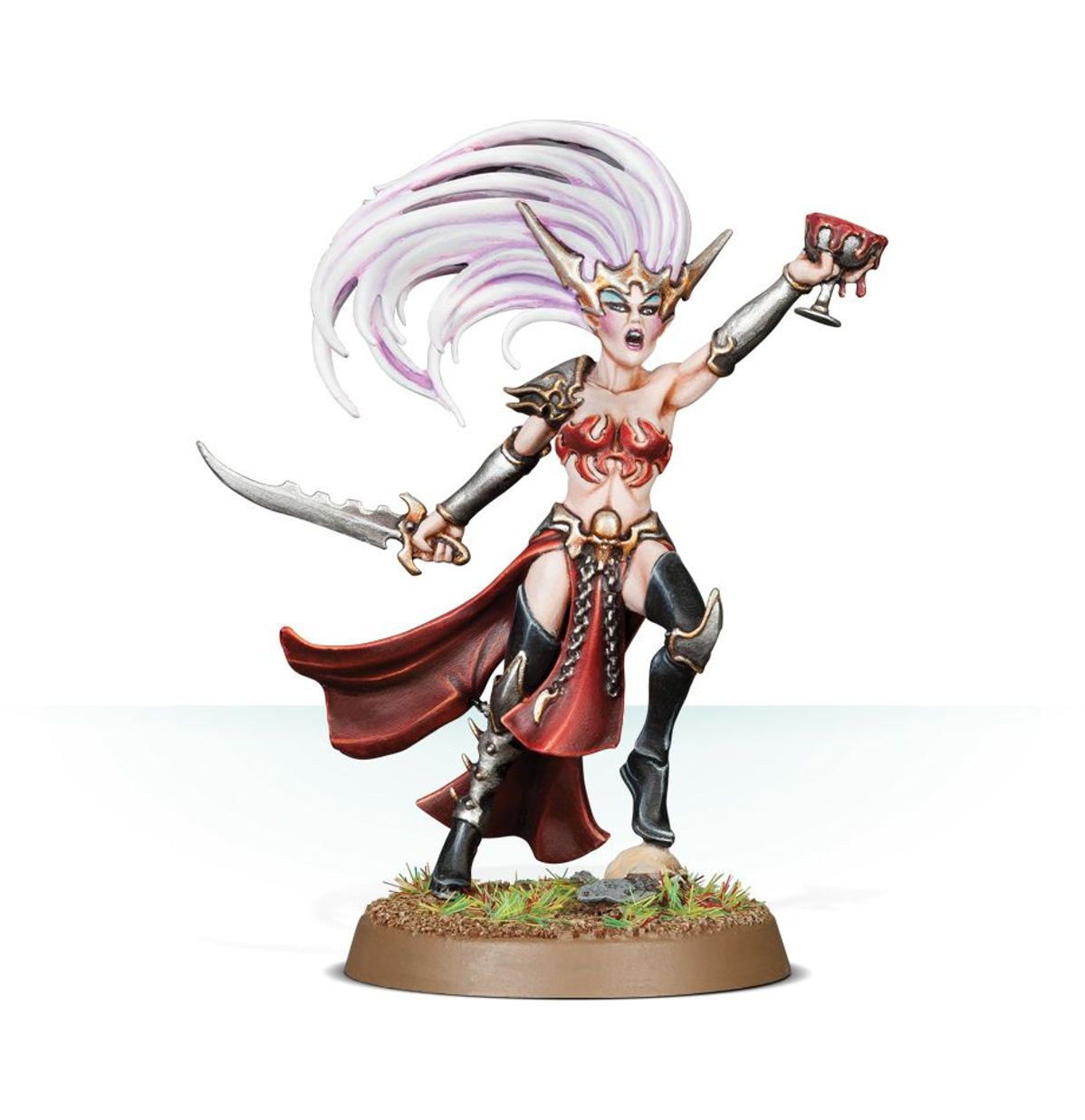 Hag Queen Daughters of Khaine - blade ciało złota korona z rogami kielich krwi w prawej ręce miecz w lewej czerwona peleryna owalna podstawka Age of Sigmar