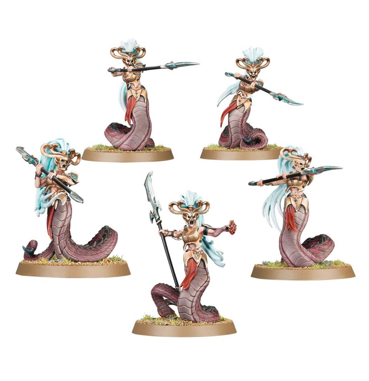 Blood Sisters - 5 modeli Daughters of Khaine z wężowymi dolnymi ciałami w brązowo-fioletowych łuskach, złote zbroje i maski, niebieskie włosy, heartshard glaives - Warhammer Age of Sigmar