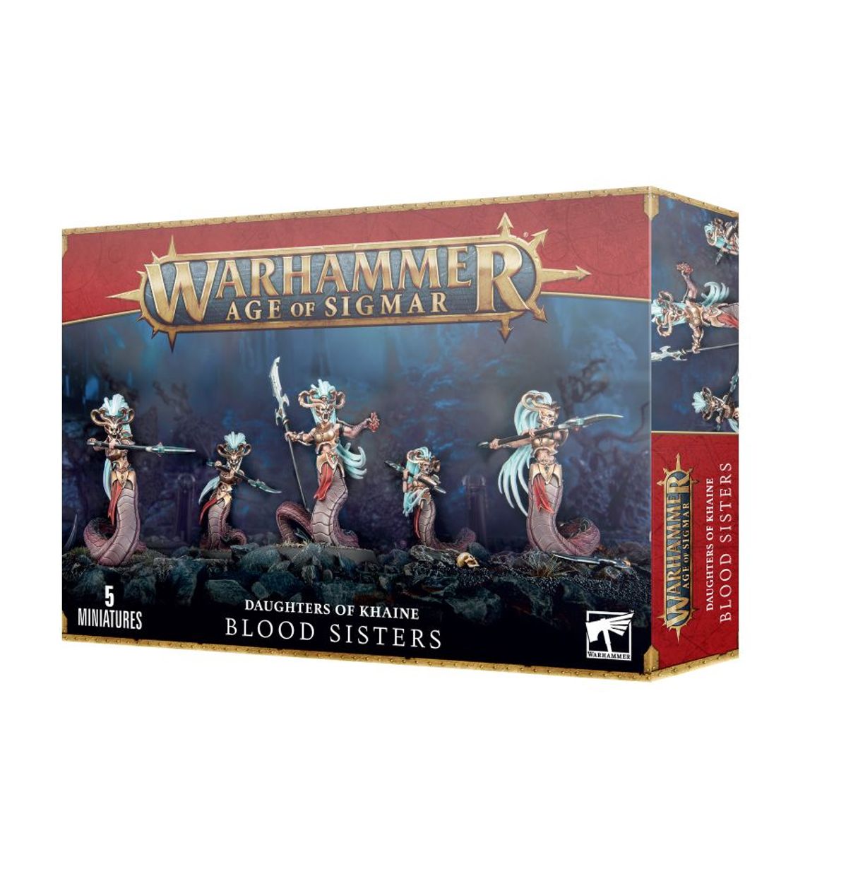 Daughters of Khaine Blood Sisters - pudełko zestawu 5 miniatur Warhammer Age of Sigmar z 5 Melusai z heartshard glaives na niebiesko-czarnym tle ruin