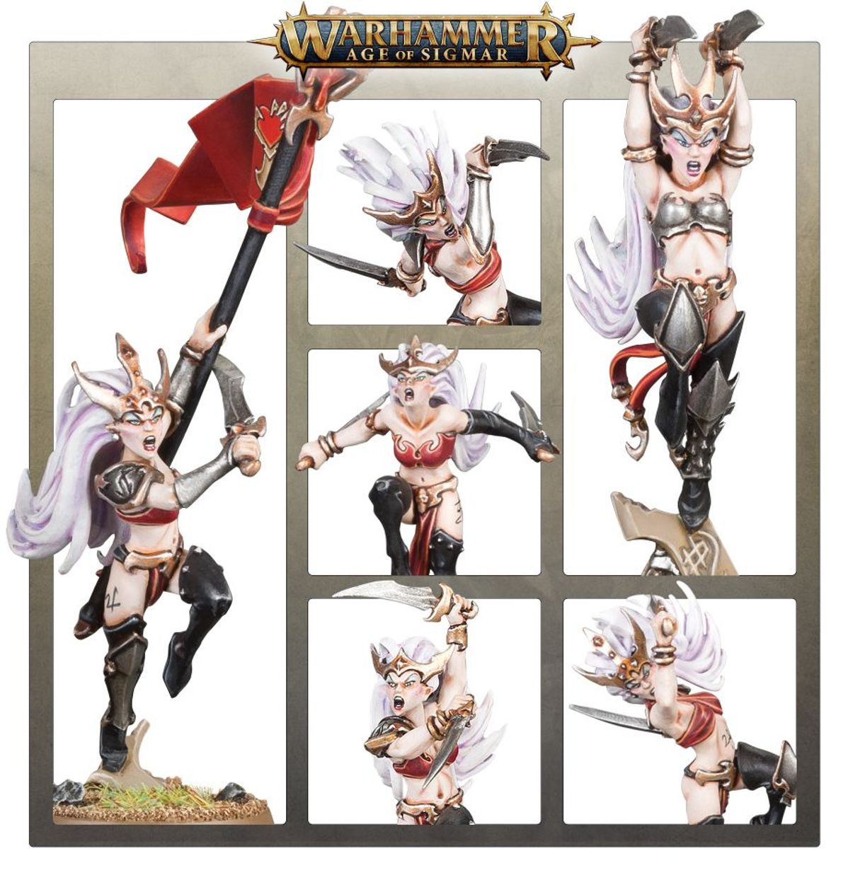 Witch Aelves kolaż wariantów - 6 ujęć z logo Warhammer Age of Sigmar: chorąży z czerwoną flagą (lewy), elfka z nożem i białymi piórami (środek górny), elfka z młotem w rogowym hełmie (prawy górny), elfka krzycząca bez broni (środek), elfka z nożem i otwartą paszczą (środek dolny), elfka z nożem w dynamicznej pozie (prawy dolny) - Warhammer Age of Sigmar