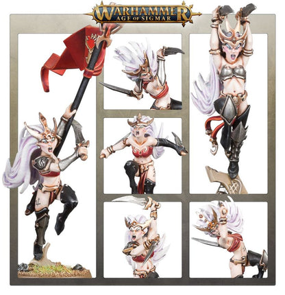Witch Aelves kolaż wariantów - 6 ujęć z logo Warhammer Age of Sigmar: chorąży z czerwoną flagą (lewy), elfka z nożem i białymi piórami (środek górny), elfka z młotem w rogowym hełmie (prawy górny), elfka krzycząca bez broni (środek), elfka z nożem i otwartą paszczą (środek dolny), elfka z nożem w dynamicznej pozie (prawy dolny) - Warhammer Age of Sigmar