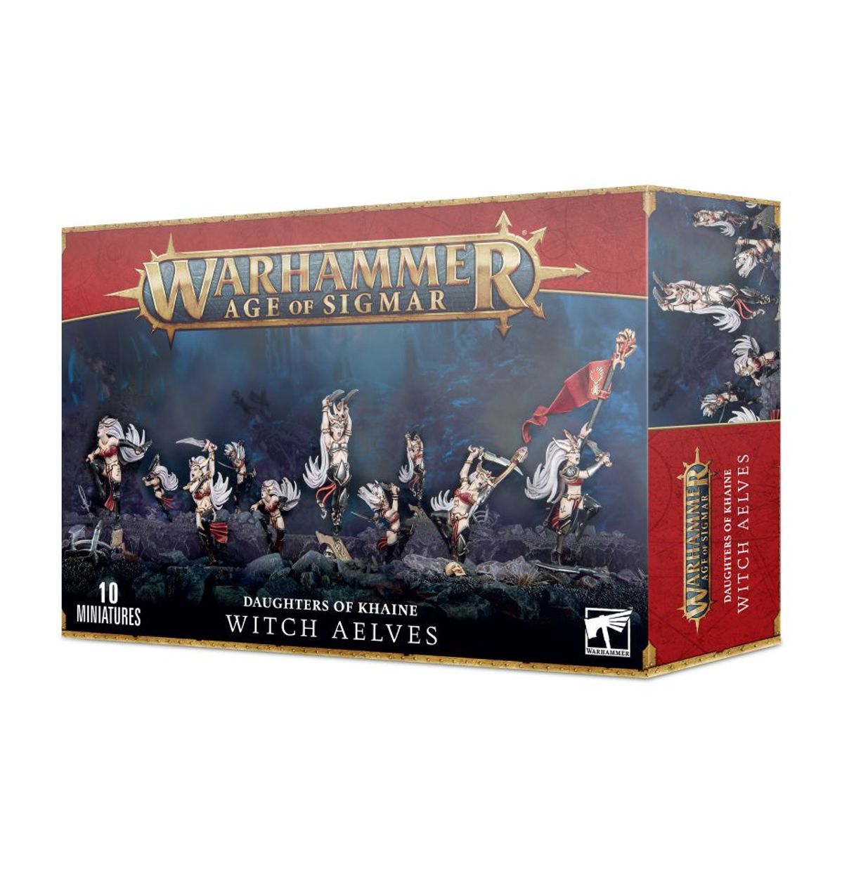 Daughters of Khaine Witch Aelves - pudełko zestawu 10 miniatur Warhammer Age of Sigmar z elfkami Khaine z białymi włosami i ofiarniczymi nożami na ciemnoniebieskim tle, czerwony pasek z logo Warhammer Age of Sigmar, napis "10 Miniatures"