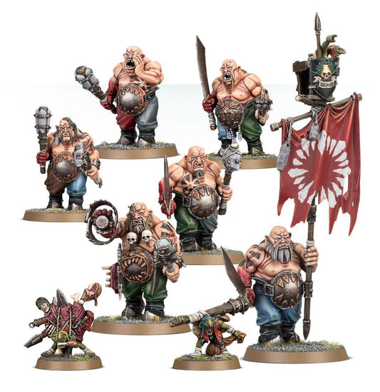 Ogor Gluttons - 8 pomalowanych modeli Gutbusters: 6 masywnych ogorów bez koszul z maczugami, mieczami i żelaznymi pięściami z okrągłymi tarczami z symbolem słońca, Crusher z kołem zębatym i czaszkami, chorąży z czerwoną flagą z białym słońcem i totemem Sigmar, oraz 2 małe zielone gobliny jako giermkowie - Warhammer Age of Sigmar