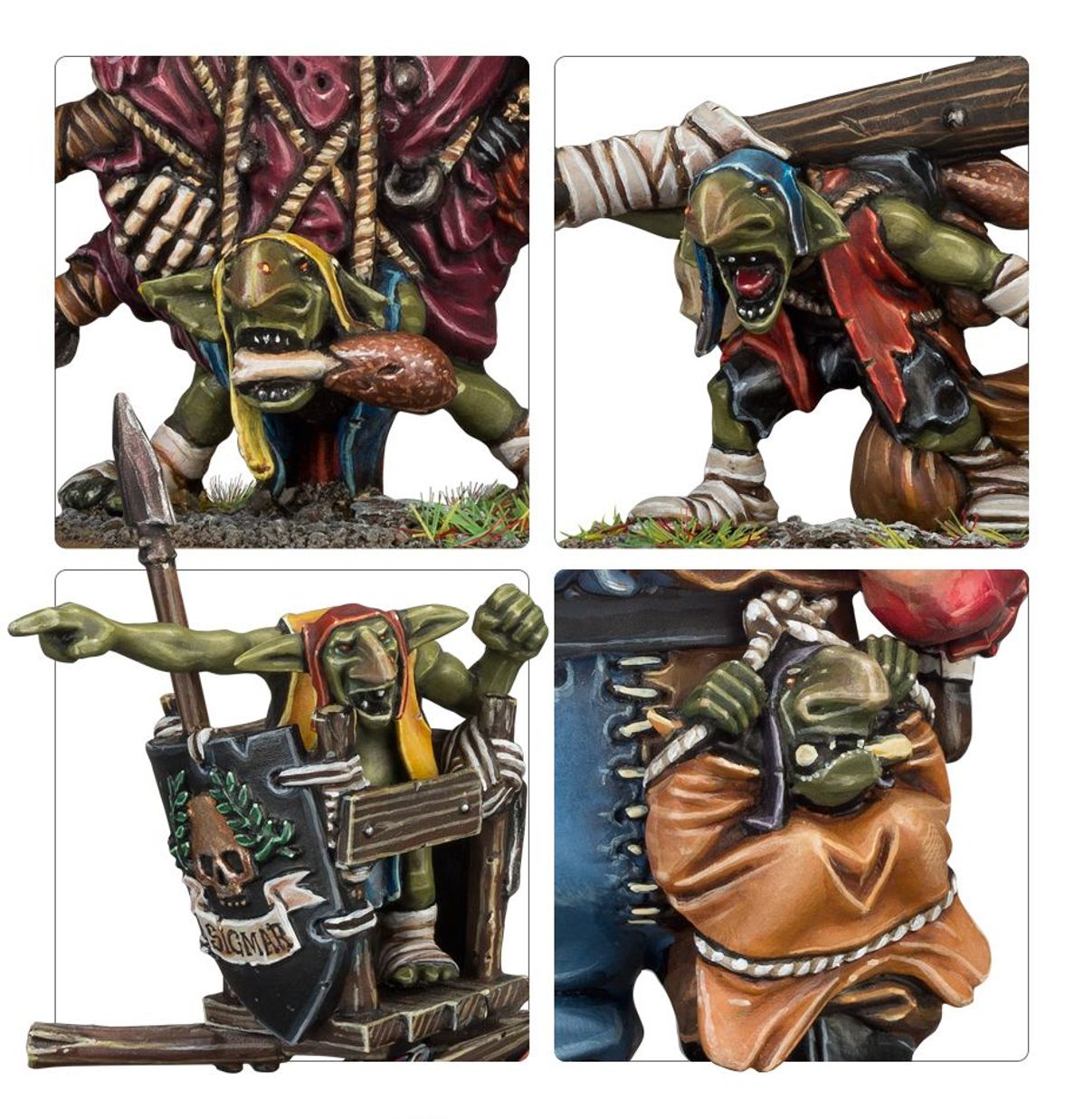 Ogor Gluttons detale goblinów - kolaż 4 ujęć: goblin w żółtej czapce skulony pod czerwoną flagą z włócznią (górny lewy), goblin w niebiesko-czerwonej czapce biegnący z belką i torbą (górny prawy), goblin w żółtej czapce siedzący w drewnianej skrzynce z czaszką i napisem Sigmar (dolny lewy), goblin w brązowej torbie z zielonymi rękoma wyglądający z worka (dolny prawy) - Warhammer Age of Sigmar