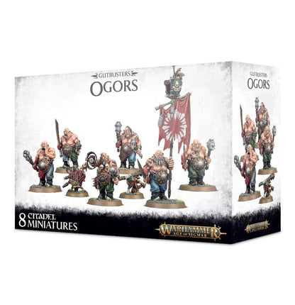 Gutbusters Ogors - pudełko zestawu 8 miniatur Warhammer Age of Sigmar z 6 masywnych ogorów bez koszul z maczugami i mieczami, Crusherem z kołem zębatym, chorążym z czerwoną flagą z białym słońcem i 2 goblinami na szarym tle, czarny pasek z napisem 8 Citadel Miniatures i logo Warhammer Age of Sigmar