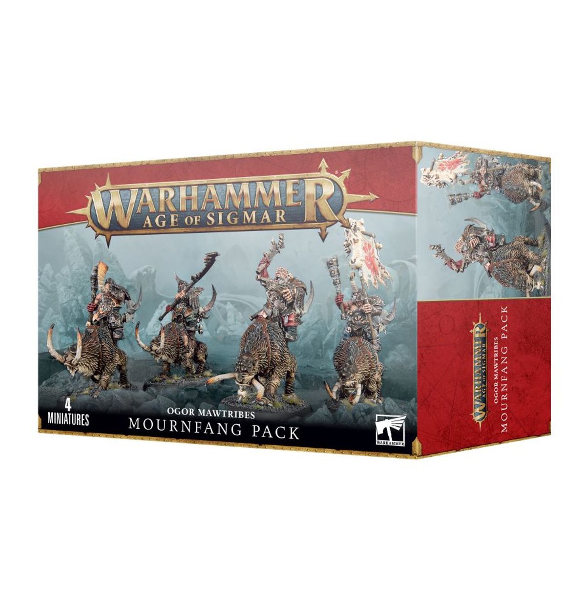 Ogor Mawtribes Mournfang Pack - pudełko zestawu 4 miniatur Warhammer Age of Sigmar z Ogorami na Mournfangach z chorągwią i maczugami na niebieskim tle, czerwony pasek z logo Warhammer Age of Sigmar