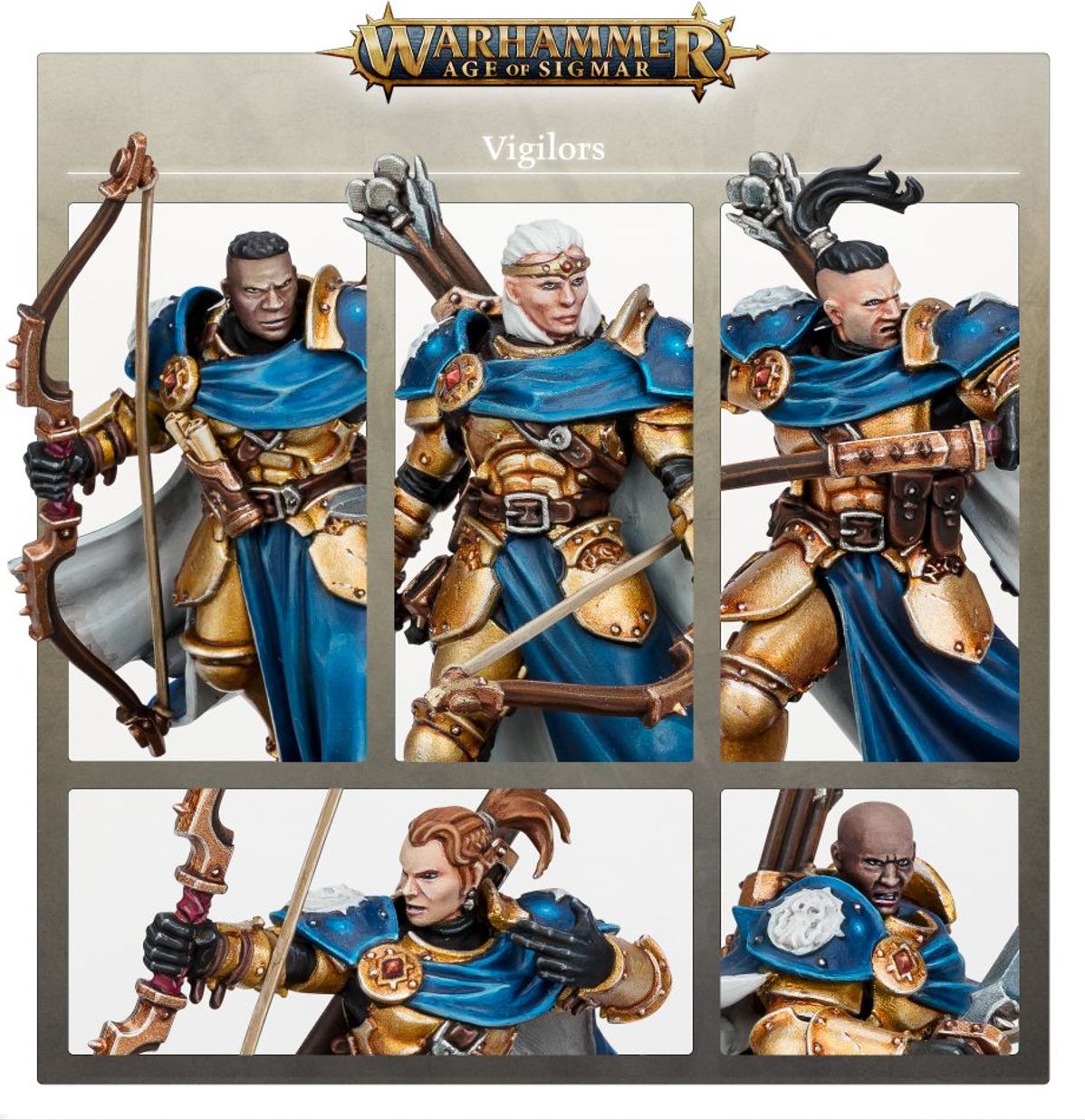 Vigilors Stormcast Eternals - kolaż 5 modeli bez hełmów z łukami i mieczami w złoto-niebieskiej zbroi - Warhammer Age of Sigmar