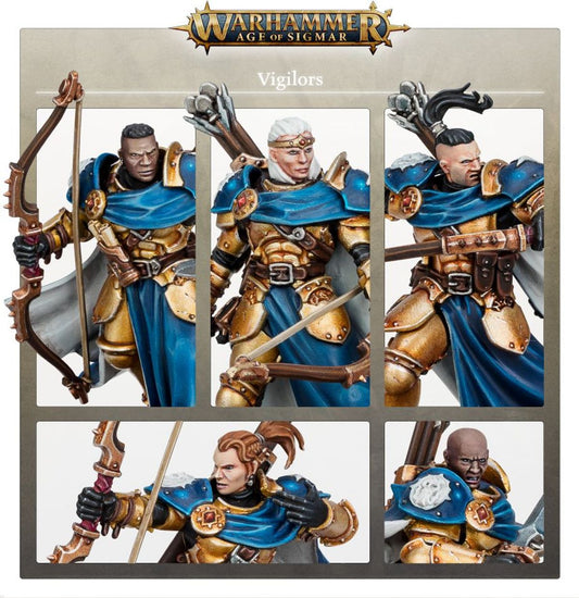 Vigilors Stormcast Eternals - kolaż 5 modeli bez hełmów z łukami i mieczami w złoto-niebieskiej zbroi - Warhammer Age of Sigmar