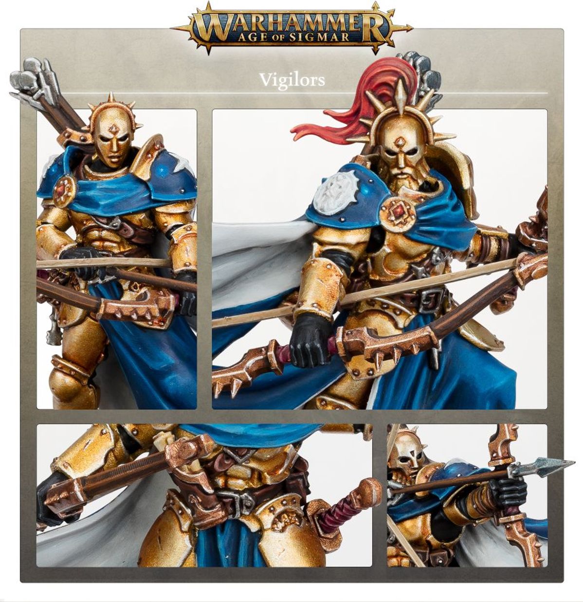 Vigilors Stormcast Eternals - kolaż Vigilor-Prime z czerwonym pióropuszem i modeli z łukami stormcaller - Warhammer Age of Sigmar