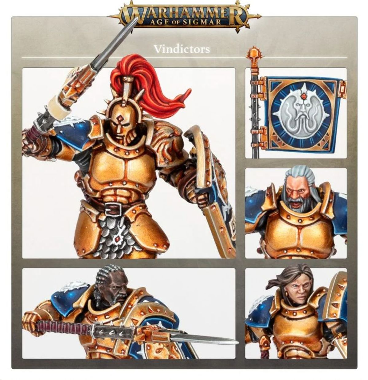 Vindictors Stormcast Eternals - kolaż opcji montażu: Vindictor-Prime z czerwonym pióropuszem, sztandar, głowy bez hełmów - Warhammer Age of Sigmar