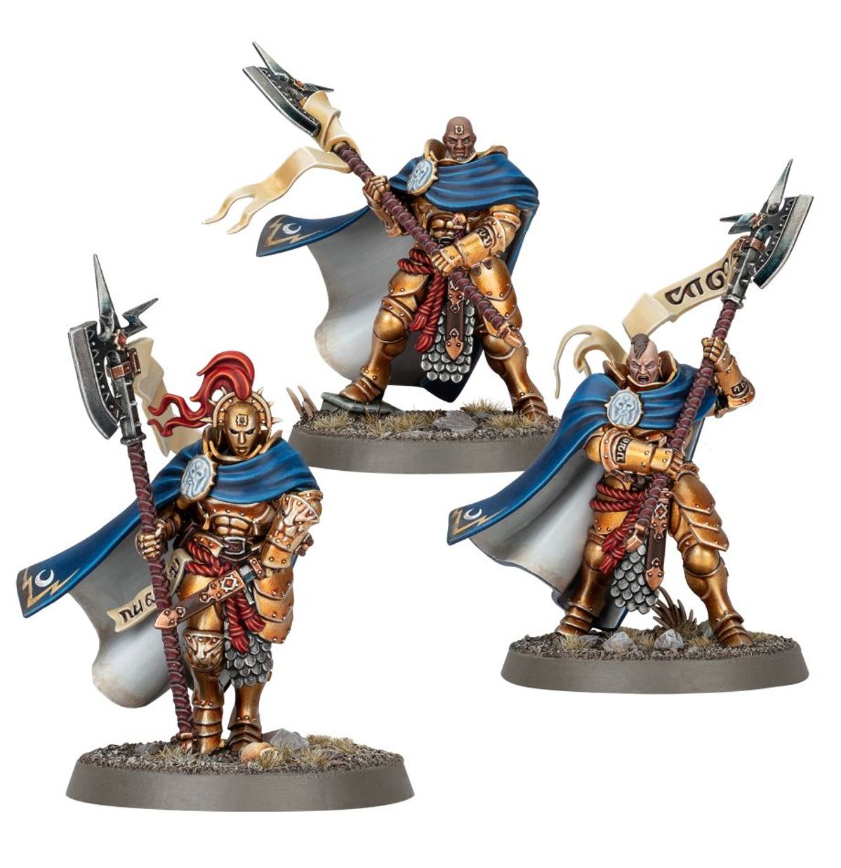 Praetors - 3 modele Stormcast Eternals w złotej zbroi Thunderstrike z niebieskimi płaszczami, halabardami z białymi chorągwiami i runami, warianty z hełmem i bez hełmu - Warhammer Age of Sigmar
