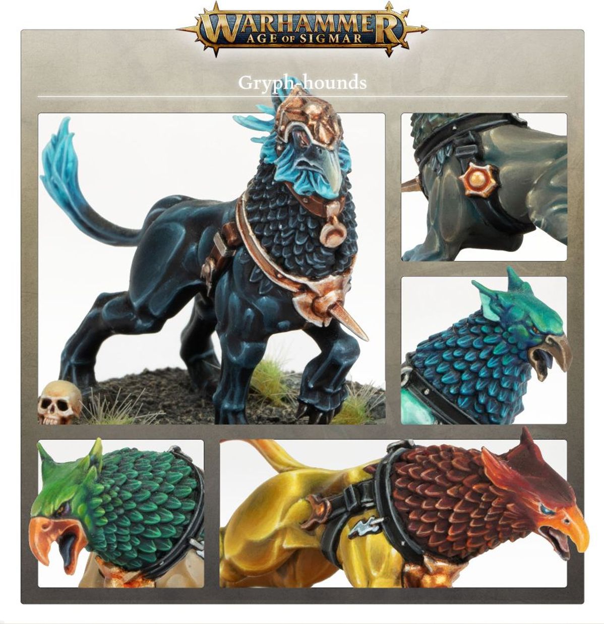 Gryph-hounds kolaż detali Warhammer Age of Sigmar: czarny gryf-pies z niebieską grzywą (lewy duży), detal metalowej klamry szelek z pomarańczowym klejnotem (górny prawy), detal turkusowo-niebieskich łusek głowy (środkowy prawy), detal zielonej łuskowej głowy z otwartym dziobem (dolny lewy), detal brązowo-czerwonej łuskowej głowy z pomarańczowym okiem (dolny prawy)