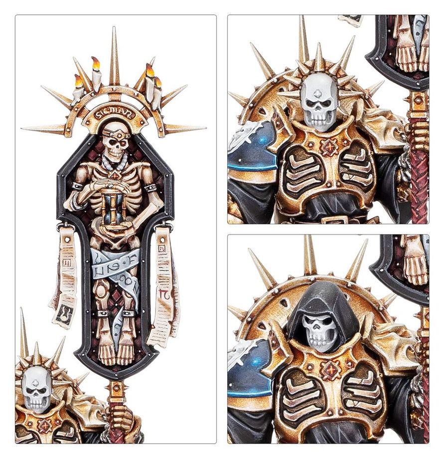 Lord-Relictor - zbliżenia sztandar z kościotrupem i klepsydrą hełm z czaszką i kolcami oraz hełm z czaszką i kapturem Stormcast Eternals