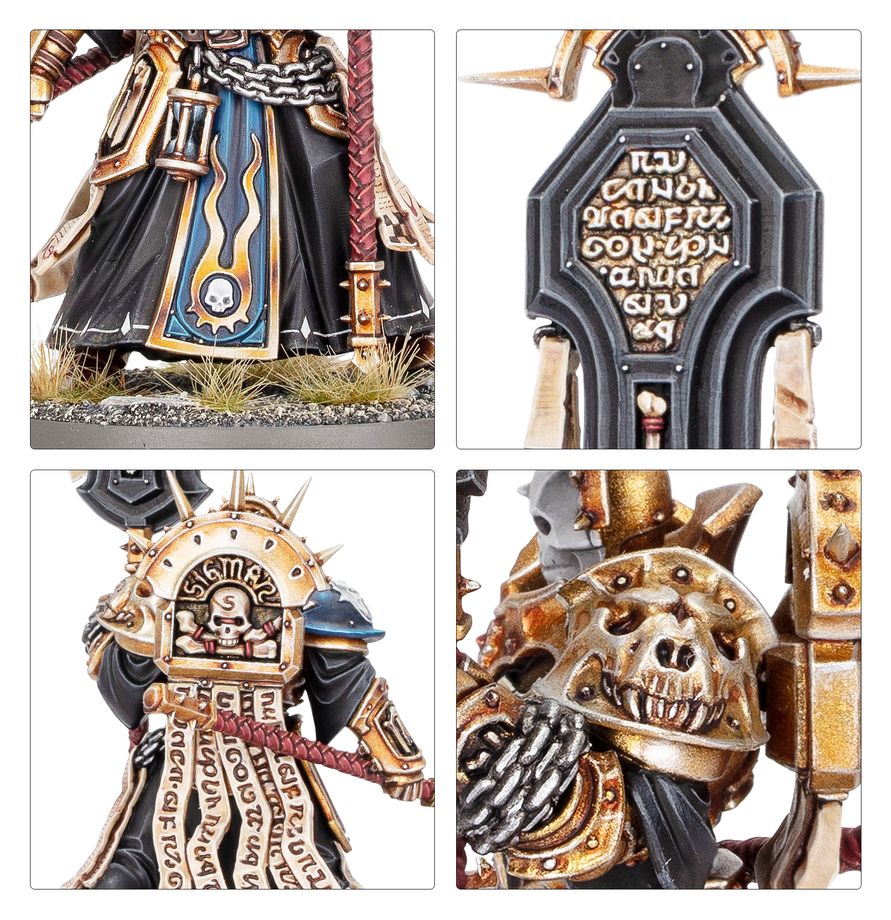 Lord-Relictor - zbliżenia czarna szata z czaszką tył sztandaru z inskrypcją naramiennik Sigmar i złota czaszka z otwartą paszczą