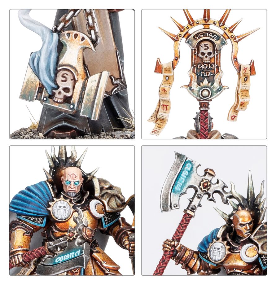 Stormcast Eternals Reclusians - zbliżenia czarny kaptur z łańcuchem sztandar Sigmar łysa głowa z niebieskimi oczami i topór runiczny