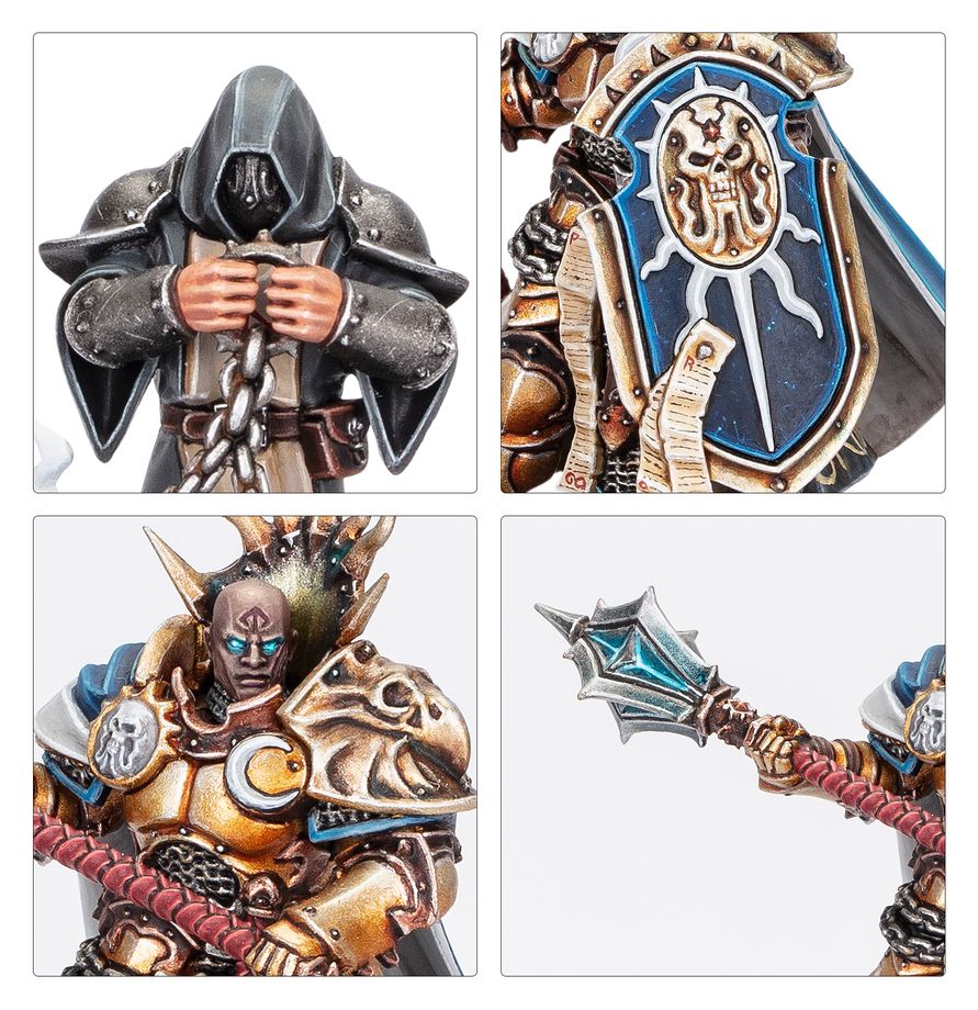 Stormcast Eternals Reclusians - zbliżenia czarny kaptur bez rysów niebieska tarcza z czaszką łysa głowa z symbolem księżyca i topór runiczny