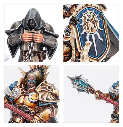 Stormcast Eternals Reclusians - zbliżenia czarny kaptur bez rysów niebieska tarcza z czaszką łysa głowa z symbolem księżyca i topór runiczny
