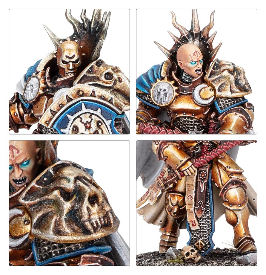 Stormcast Eternals Reclusians - zbliżenia hełm z rogami łysa głowa z symbolem księżyca złota czaszka na naramienniku i złoty pancerz z peleryną