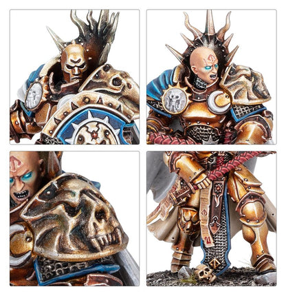 Stormcast Eternals Reclusians - zbliżenia hełm z rogami łysa głowa z symbolem księżyca złota czaszka na naramienniku i złoty pancerz z peleryną