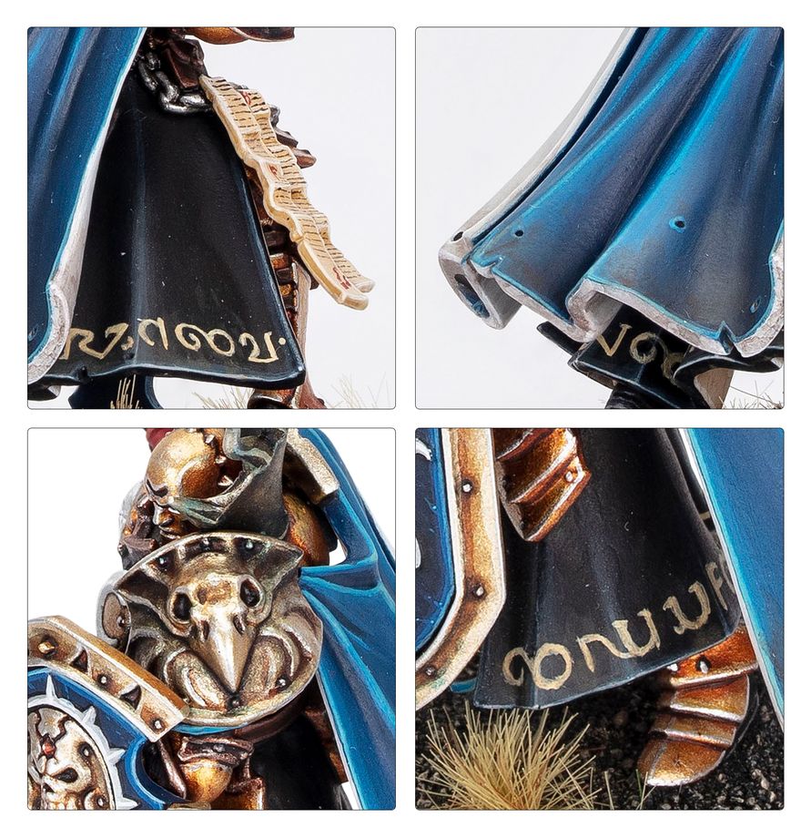Stormcast Eternals Reclusians - zbliżenia czarna peleryna z inskrypcjami złote zwoje niebieska peleryna złota maska ptaka i inskrypcje