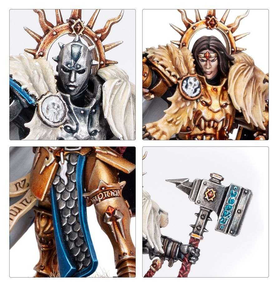 Lord-Celestant - zbliżenia srebrna maska z aureolą złota twarz z czerwonym znakiem złoty pancerz z niebieską łuską i młot z niebieskimi runami