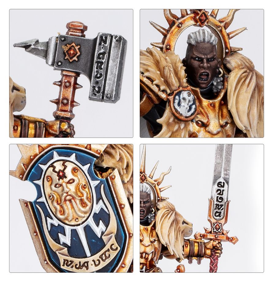 Lord-Celestant - zbliżenia młot z inskrypcją Sigmara ciemnoskóra twarz z futrem lwa niebieska tarcza z symbolem Sigmara i miecz z inskrypcją