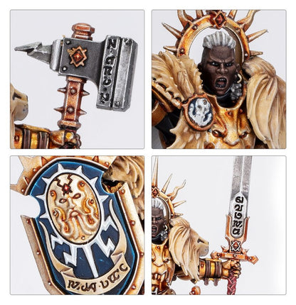 Lord-Celestant - zbliżenia młot z inskrypcją Sigmara ciemnoskóra twarz z futrem lwa niebieska tarcza z symbolem Sigmara i miecz z inskrypcją