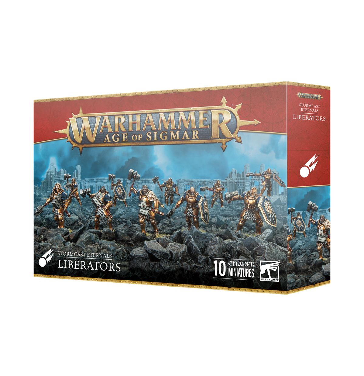 Stormcast Eternals Liberators - pudełko zestawu 10 miniatur Warhammer Age of Sigmar z hordą Liberatorów w złotej zbroi z młotami i tarczami na tle ruin