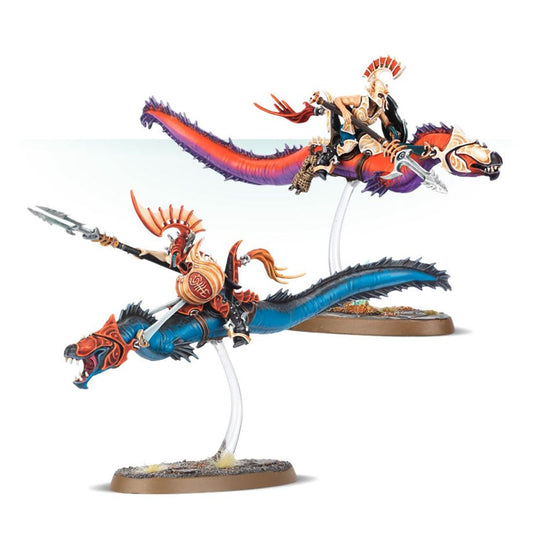 Akhelian Morrsarr Guard - 2 modele na Fangmora Eels: czerwono-fioletowy i niebiesko-czarny wariant malowania - Warhammer Age of Sigmar