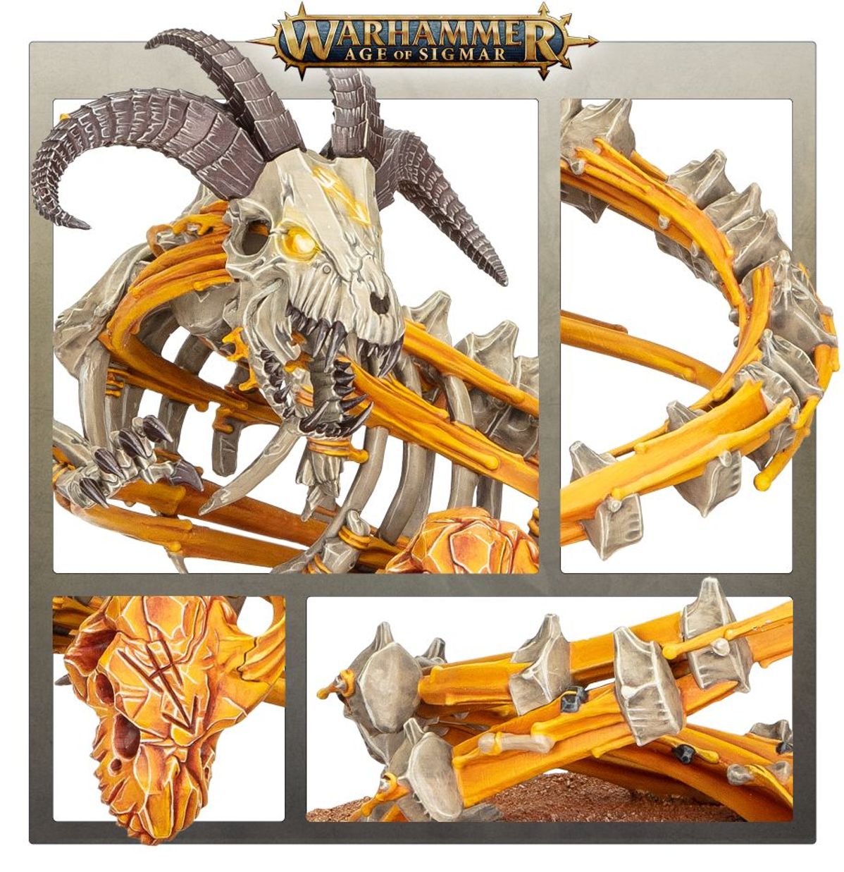 Krondspine Incarnate of Ghur - plansza 4 zbliżenia: głowa kozła szara czaszka żółte oczy czarne rogi; spiralne żebra złoto-pomarańczowe z kolcami; pomarańczowy amberbone z pęknięciami; ogon spiralny złoto-szary z kośćmi Age of Sigmar