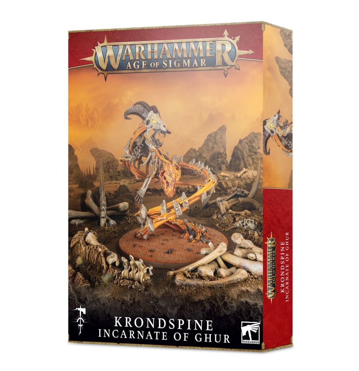 Krondspine Incarnate of Ghur - pudełko Warhammer Age of Sigmar czerwono-złote 1 Miniature szkielet kozła z rogami złoto-pomarańczowe żebra spiralne pomarańczowe tło Games Workshop