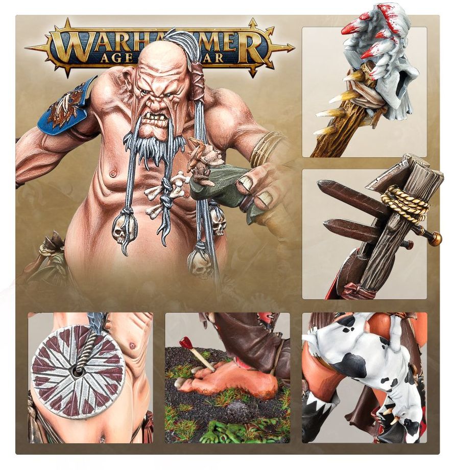 Mancrusher Gargant - łańcuch z czaszkami niebieska opaska zbliżenia tarczy stopy na wrogu i głowy z rogami Sons of Behemat Age of Sigmar