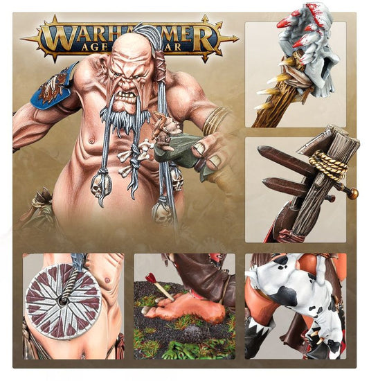 Mancrusher Gargant - łańcuch z czaszkami niebieska opaska zbliżenia tarczy stopy na wrogu i głowy z rogami Sons of Behemat Age of Sigmar