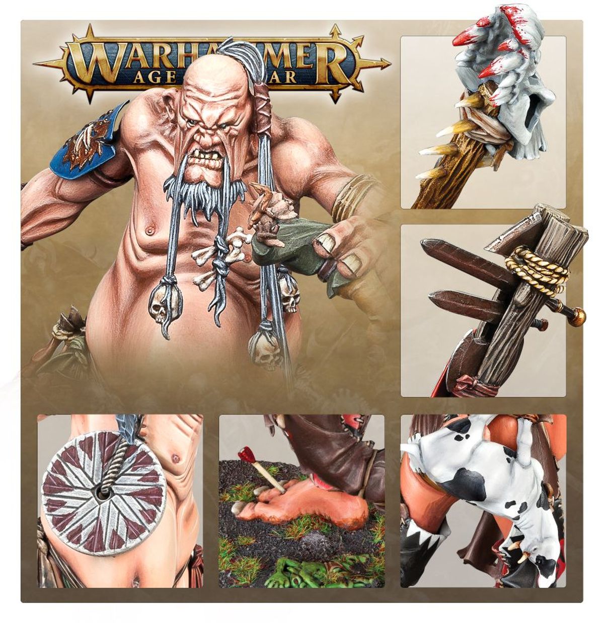 Aleguzzler Gargant - plansza Warhammer Age of Sigmar 6 kadrów główny widok z niebieskim naramiennikiem i łańcuchem z czaszkami zbliżenia głowy miecz na kiju tarcza z wzorem geometrycznym stopa z ofiarą Gloomspite Gitz