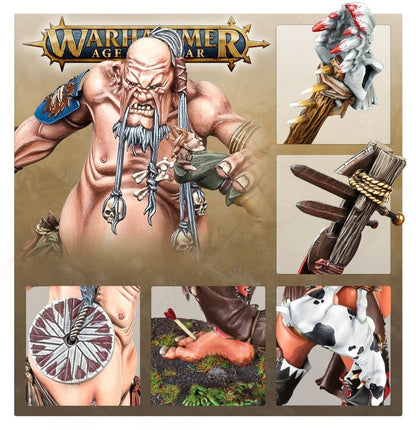 Aleguzzler Gargant - plansza Warhammer Age of Sigmar 6 kadrów główny widok z niebieskim naramiennikiem i łańcuchem z czaszkami zbliżenia głowy miecz na kiju tarcza z wzorem geometrycznym stopa z ofiarą Gloomspite Gitz