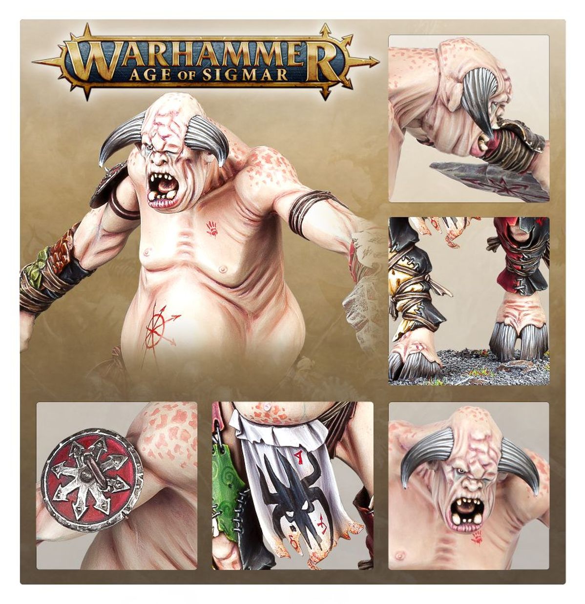Chaos Gargant - plansza Warhammer Age of Sigmar 6 kadrów widok z przodu blada skóra czerwone runy zbliżenia głowy z rogami kamień medalion z symbolem Chaosu białe łachy Age of Sigmar