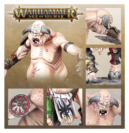 Chaos Gargant - plansza Warhammer Age of Sigmar 6 kadrów widok z przodu blada skóra czerwone runy zbliżenia głowy z rogami kamień medalion z symbolem Chaosu białe łachy Age of Sigmar