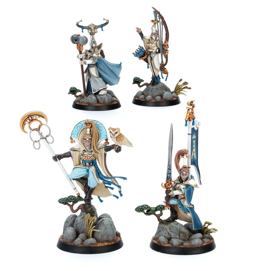 Myari's Purifiers - 4 figurki Lumineth Realm-lords w białych i błękitnych szatach z sową i złotymi detalami