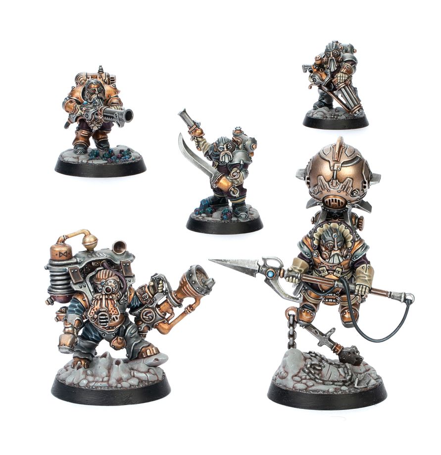Thundrik's Profiteers - 5 figurek Kharadron Overlords w brązowych pancerzach steampunk z działem parowym i kuszobalisty