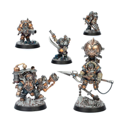 Thundrik's Profiteers - 5 figurek Kharadron Overlords w brązowych pancerzach steampunk z działem parowym i kuszobalisty